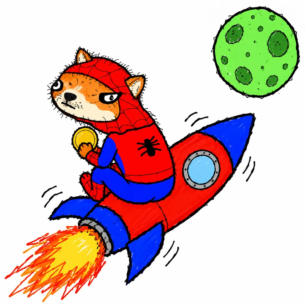 Spoder Inu riding a rocket backwards away from the moon