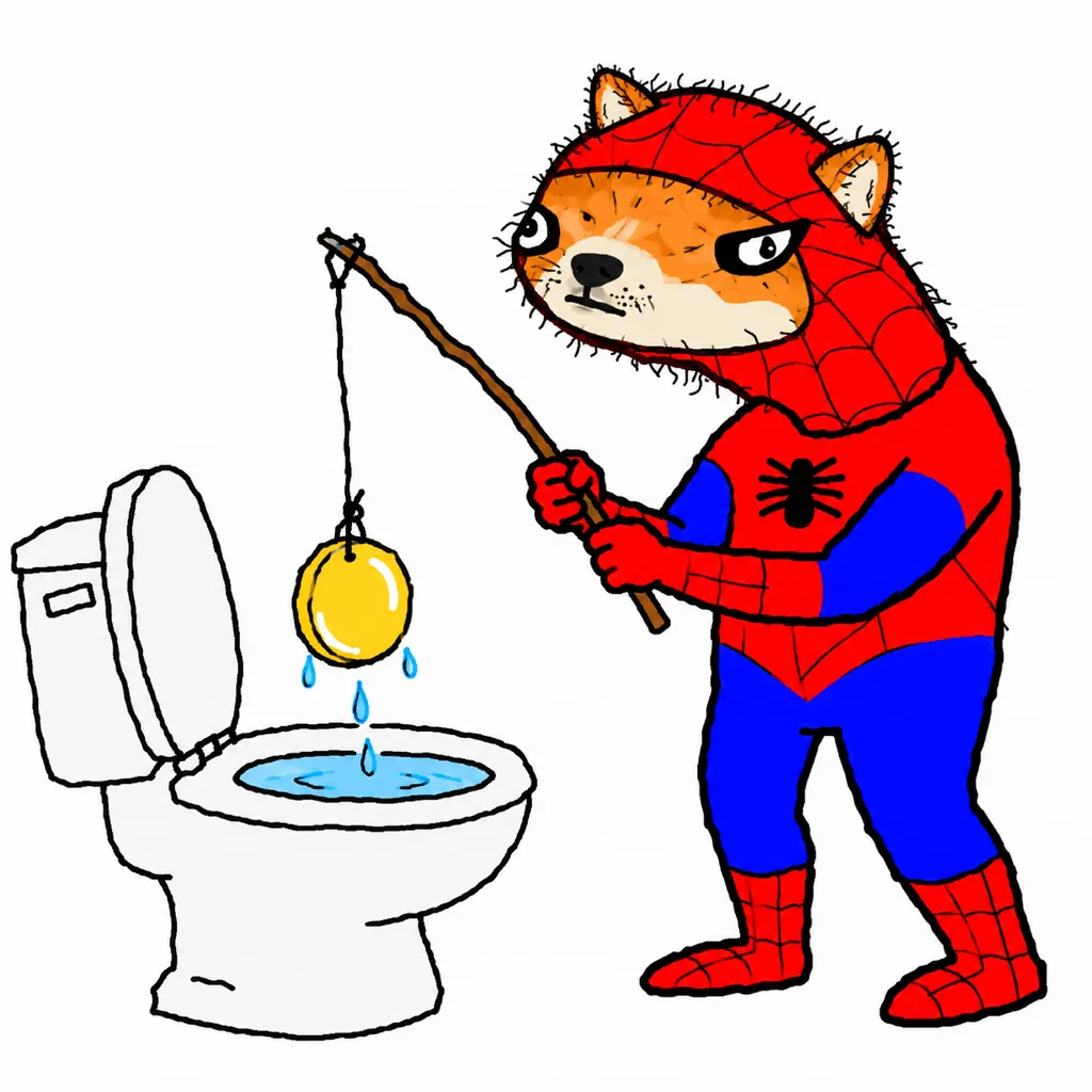 Spoder Inu fishing a coin out of a toilet