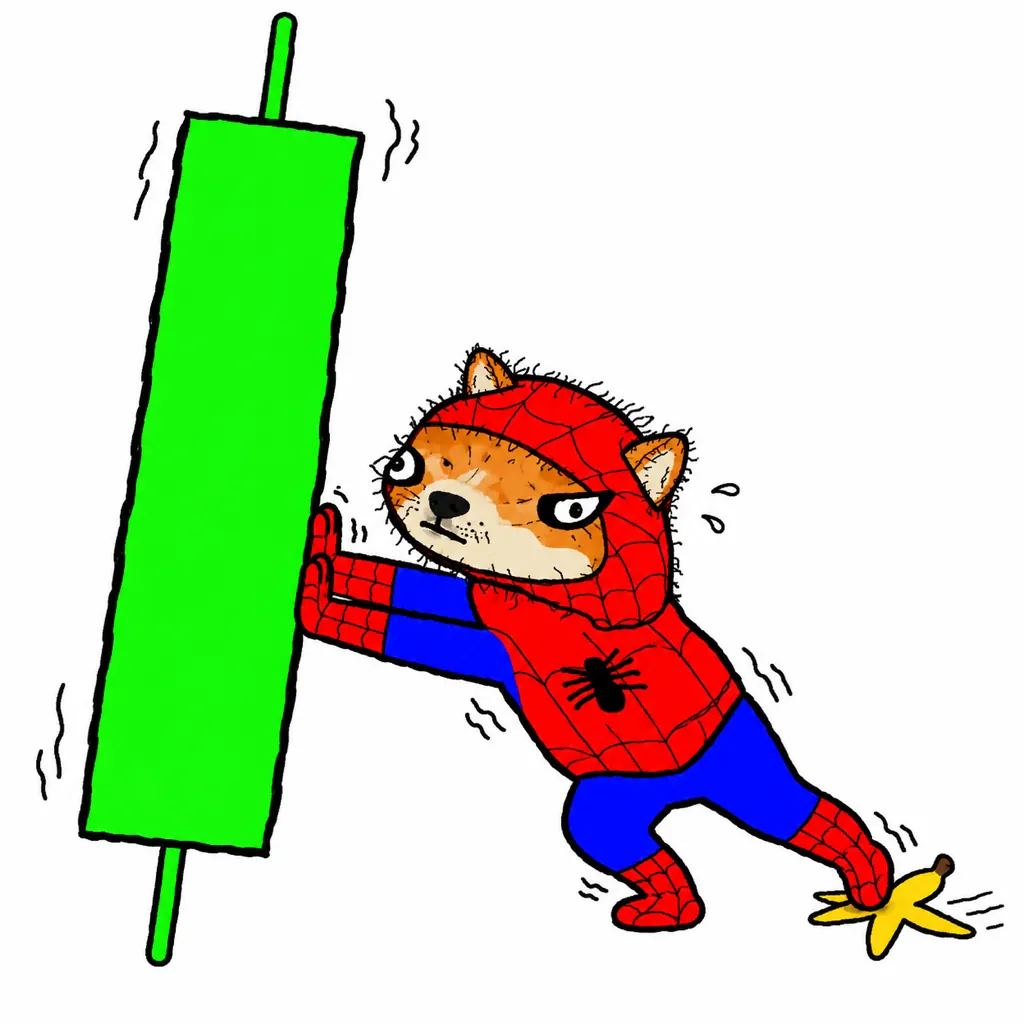 Spoder Inu pushing a green candle and slipping on a banana