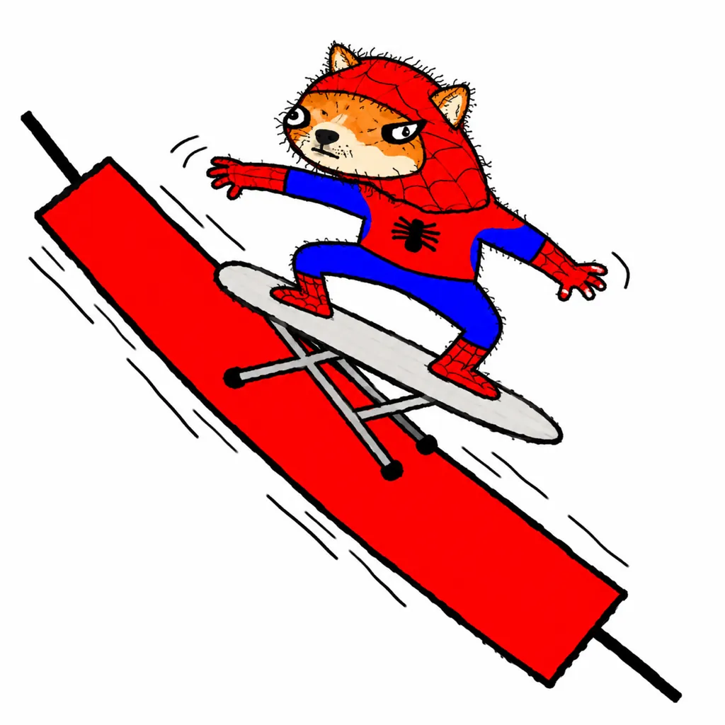 Spoder Inu surfing a red candle on an ironing board